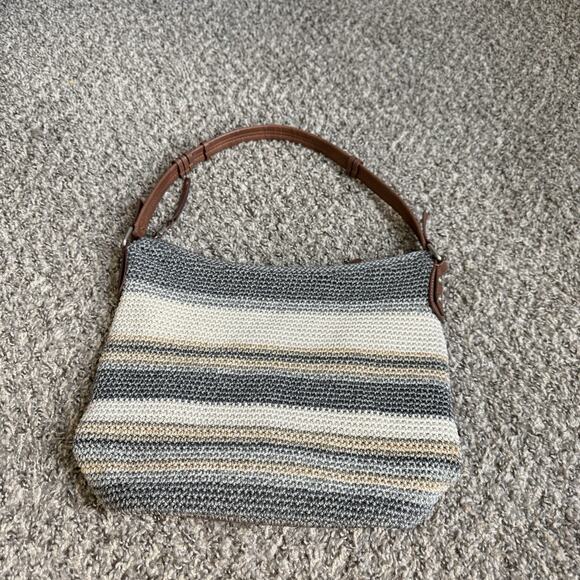 The Sak Handbags - The Sak Sequoia Crochet Hobo Striped Bag Boho Silver Hardware Gray Cream Tan